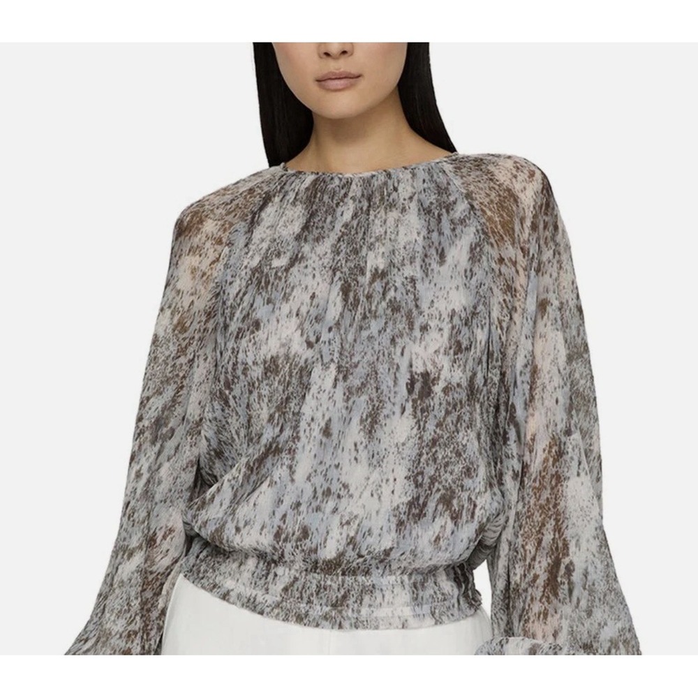 CeCe Blouse Gray‎ Abstract Brushstroke Georgette Gathered Neck Tie Hem Top M